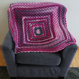 Crocheted Ruffled Granny Baby Blanket - Pink, White and Grey